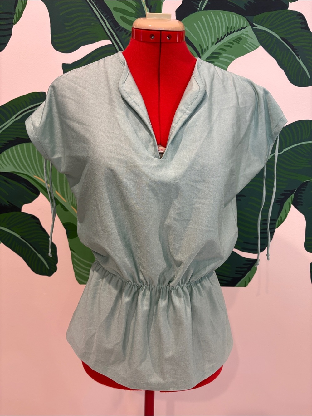Vintage 80s Mint Green Drawstring Shoulders Elastic Waist Women’s Top